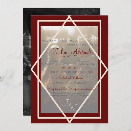 Tweetalige Bourgondische bruiloft uitnodiging (Voorkant / Achterkant)