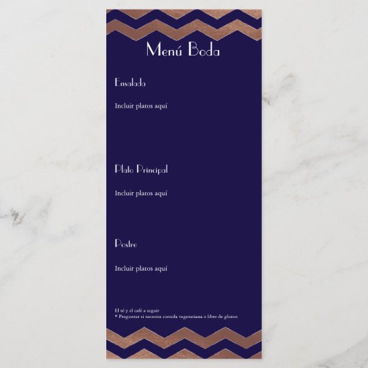 Tweetalige Chic Roos Gold Wedding Menu (Achterkant)