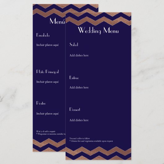 Tweetalige Chic Roos Gold Wedding Menu (Voorkant / Achterkant)