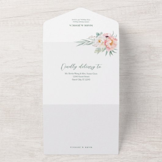 Tweetalige Chinese Engels roze bloem All In One Uitnodiging (Buitenkant)