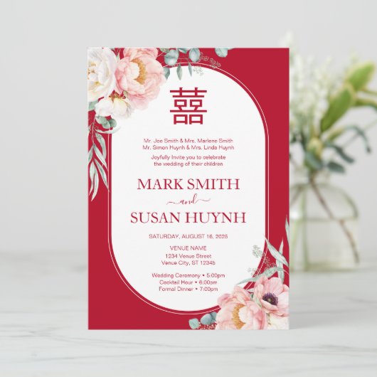 Tweetalige Chinese pioen bruiloft uitnodiging (Staand voorkant)