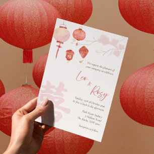 Tweetalige Chinese Trouw Uitnodiging Roze Lantaarn
