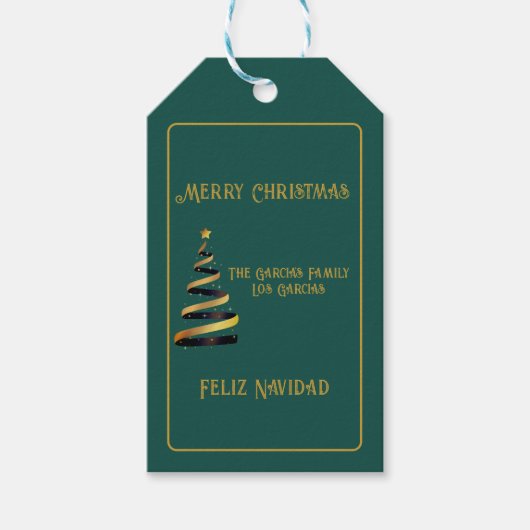 Tweetalige Feliz Navidad Christmas Green Golden Cadeaulabel (Voorkant)