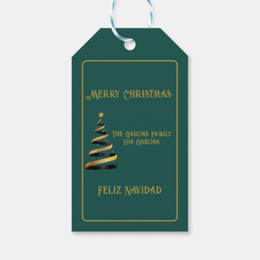 Tweetalige Feliz Navidad Christmas Green Golden Cadeaulabel (Achterkant)