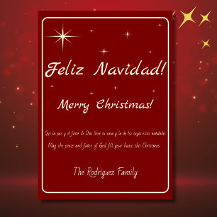 Tweetalige Feliz Navidad Gold & Red Merry Christma Feestdagenkaart