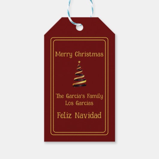 Tweetalige Feliz Navidad Kerst Rood en Gouden Cadeaulabel (Voorkant)