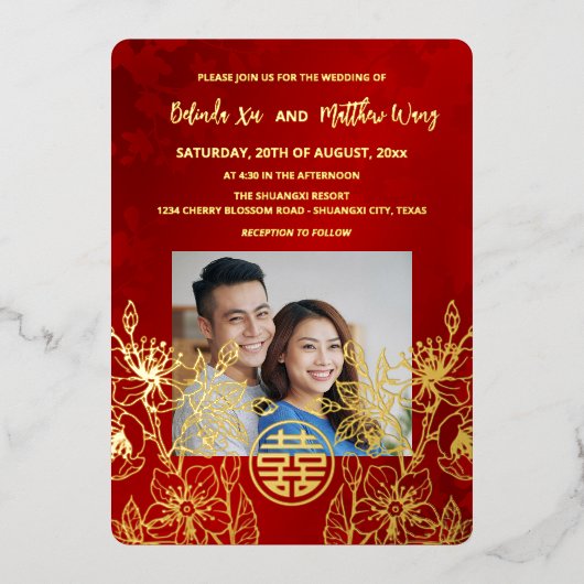 TWEETALIGE foto rood goud Chinese bruiloft Folie Uitnodiging (Voorkant)