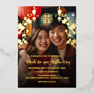 TWEETALIGE foto rood goud Chinese bruiloft Folie Uitnodiging