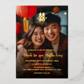 TWEETALIGE foto rood goud Chinese bruiloft Folie Uitnodiging (Voorkant)