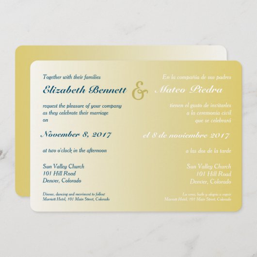 Tweetalige Gold Ombre bruiloft uitnodiging (Voorkant / Achterkant)