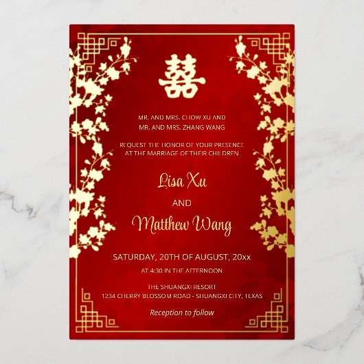 TWEETALIGE Gouden Frame Rode Chinese Trouw Folie Uitnodiging (Voorkant)