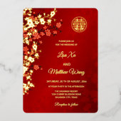 TWEETALIGE gouden kersenbloesem | Chinese bruiloft Folie Uitnodiging (Voorkant)