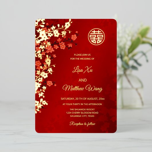 TWEETALIGE gouden kersenbloesem | Chinese bruiloft Folie Uitnodiging (Staand Voorkant)
