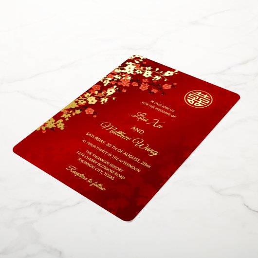 TWEETALIGE gouden kersenbloesem | Chinese bruiloft Folie Uitnodiging (Gedraaid)