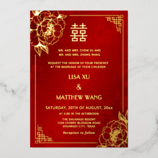 TWEETALIGE gouden lijst Pioen Chinese bruiloft Folie Uitnodiging