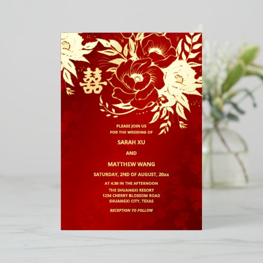 TWEETALIGE Gouden Rozen Chinees Bruiloft Folie Uitnodiging (Staand Voorkant)