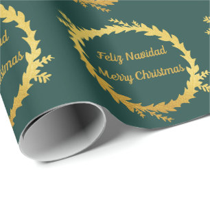 Tweetalige Groene Gouden Feliz Navidad Kerstmis Cadeaupapier