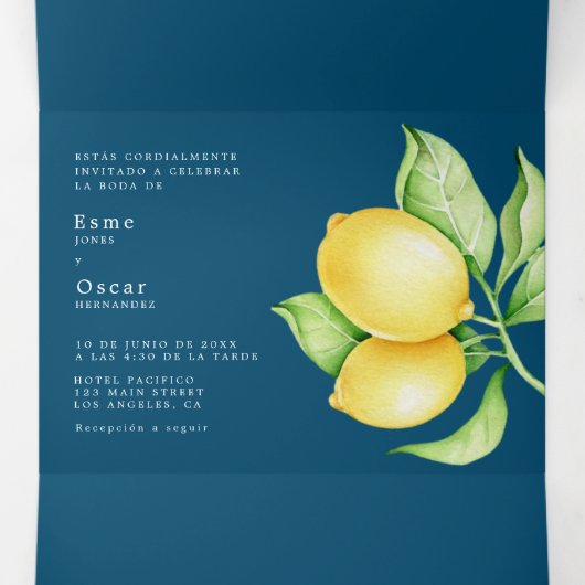 Tweetalige huwelijksuitnodiging - Citroenen in één Drieluik Uitnodiging (Binnenkant midden)