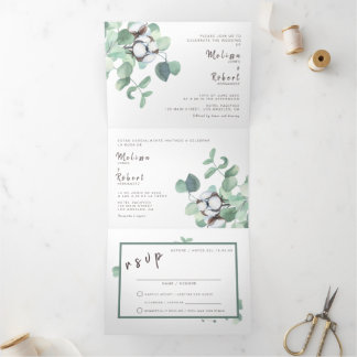 Tweetalige huwelijksuitnodiging Eucalyptus alles i Drieluik Uitnodiging