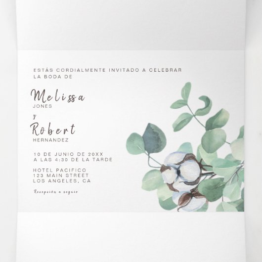 Tweetalige huwelijksuitnodiging Eucalyptus alles i Drieluik Uitnodiging (Binnenkant midden)