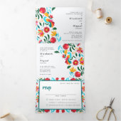 Tweetalige huwelijksuitnodiging - Flora All in One Drieluik Uitnodiging (Binnen)