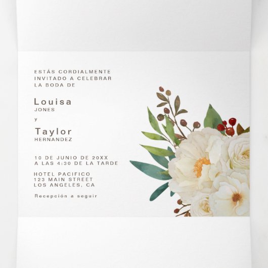 Tweetalige huwelijksuitnodiging - pioenroos alles  drieluik uitnodiging (Binnenkant midden)