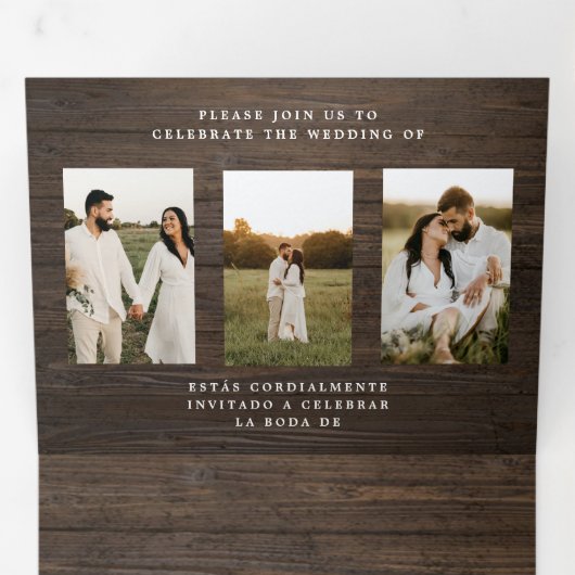 Tweetalige huwelijksuitnodiging - Rustieke foto's Drieluik Uitnodiging (Binnenzijde eerst)