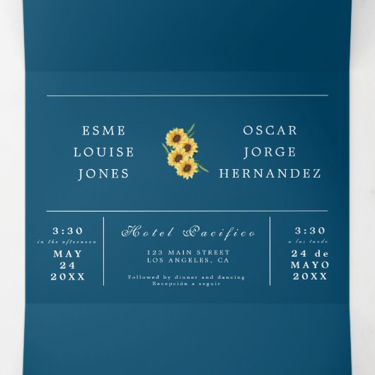 Tweetalige huwelijksuitnodiging - Zonnebloem foto' Drieluik Uitnodiging (Binnenkant midden)