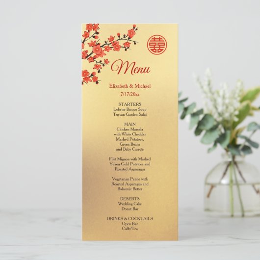 TWEETALIGE Kersenbloesem Goud Chinese bruiloft Menu (Staand voorkant)