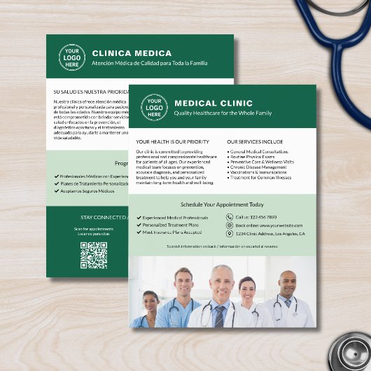 Tweetalige medische kliniek | Engels Spaans Groen Flyer