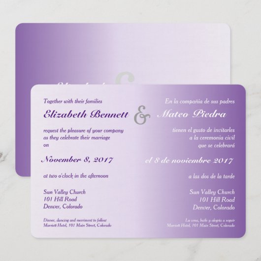 Tweetalige Paarse Ombre bruiloft uitnodiging (Voorkant / Achterkant)