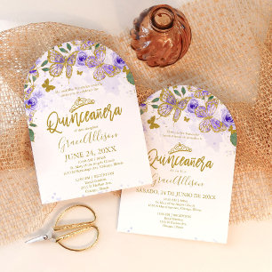 Tweetalige paarse vlinder Quinceañera uitnodiging