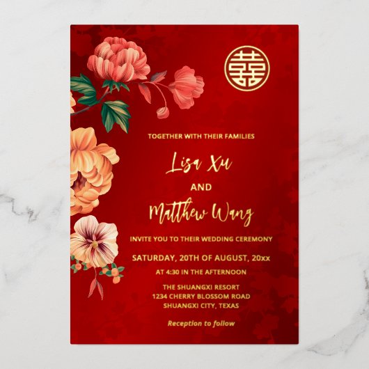 TWEETALIGE Pioen Bloem Goud Chinese Bruiloft Folie Uitnodiging (Voorkant)