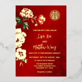 TWEETALIGE Pioen Bloem Goud Chinese Bruiloft Folie Uitnodiging