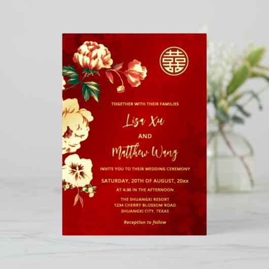TWEETALIGE Pioen Bloem Goud Chinese Bruiloft Folie Uitnodiging (Staand Voorkant)