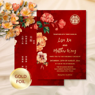 TWEETALIGE Pioenbloem Gouden Chinese Trouw Folie Uitnodiging