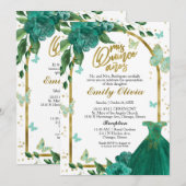 Tweetalige Quinceanera Butterflys Smaragdgroen Kaart (Voorkant / Achterkant)