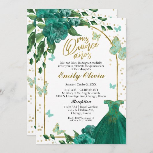 Tweetalige Quinceanera Butterflys Smaragdgroen Kaart (Voorkant / Achterkant)