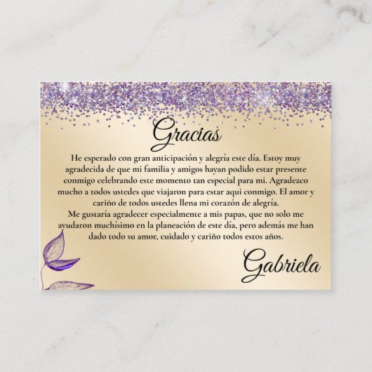 Tweetalige Quinceañera Dank u - Gracias Favor Informatiekaartje (Achterkant)