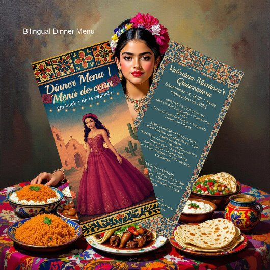 Tweetalige Quinceañera rode jurk meisje diner Menu