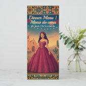 Tweetalige Quinceañera rode jurk meisje diner Menu (Staand voorkant)