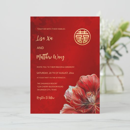 Tweetalige rode bloem | Chinese bruiloft Kaart (Staand voorkant)