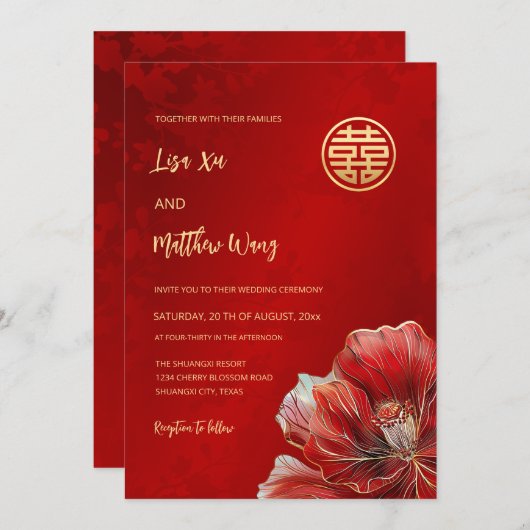 Tweetalige rode bloem | Chinese bruiloft Kaart (Voorkant / Achterkant)