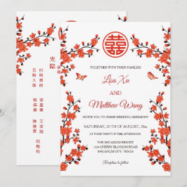 Tweetalige Rode Bloesems | Chinese Huwelijk Kaart