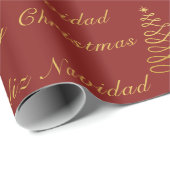Tweetalige rode en gouden kerstboom cadeaupapier (Rol Hoek)