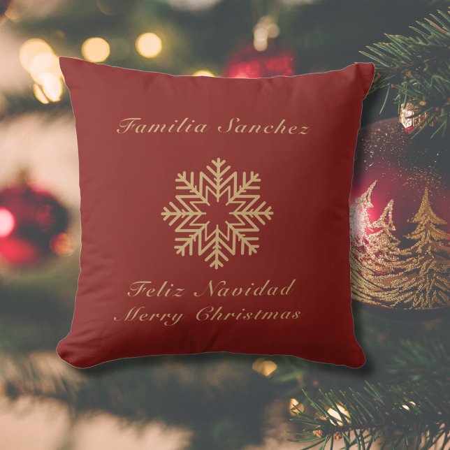 Tweetalige Rode en Gouden Kerstmis Feliz Navidad Kussen (Bilingual red & golden throw pillow, custom family name & text. Multilingual Project)