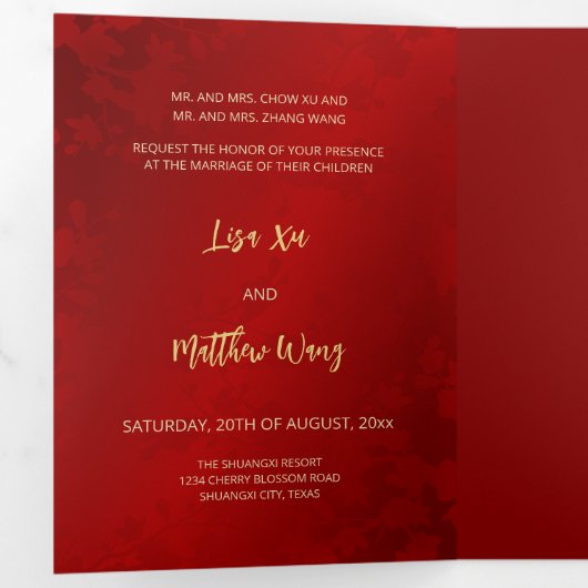 TWEETALIGE Rode Gouden Chinese Bruiloft Drieluik Uitnodiging (Binnenzijde eerst)