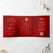 TWEETALIGE Rode Gouden Chinese Bruiloft Drieluik Uitnodiging (Binnen)