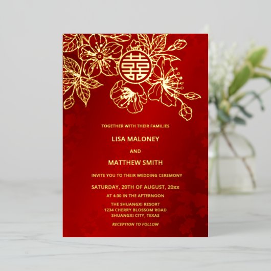 TWEETALIGE Rode Gouden Kersenbloesem Chinese Bruil Folie Uitnodiging (Staand Voorkant)
