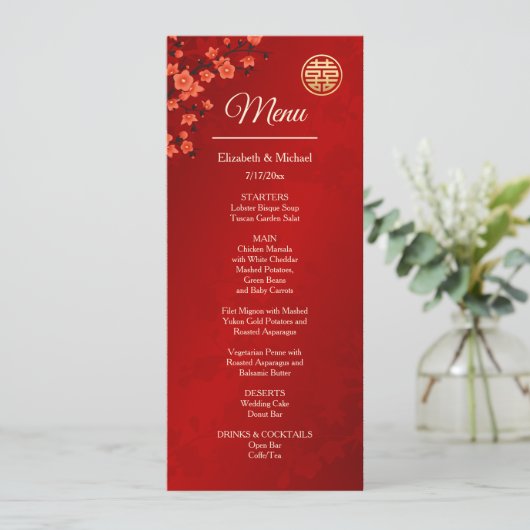 TWEETALIGE Rode Kersenbloesem Chinese bruiloft Kaart (Staand voorkant)